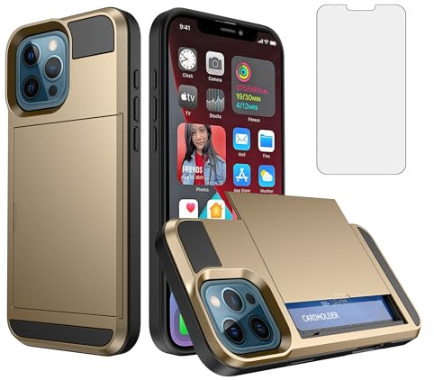 Asuwish Phone Case for iPhone 12 Pro Max 6.7 with Tempered Glass Screen Protector Cover and Card Holder Protective Shockproof Cell Accessories iPhone12promax 5G i 12s Plus iPhone12 12pro Promax Gold