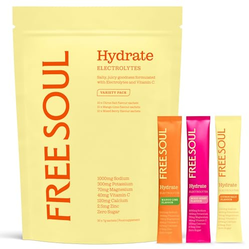 Free Soul Hydrate Electrolytes Powder | 30 Sachets | Variety Pack | Zero Sugar Electrolytes Sachets | Advanced Electrolyte Hydration Sachets with Sodium, Magnesium, Vitamin C, & More