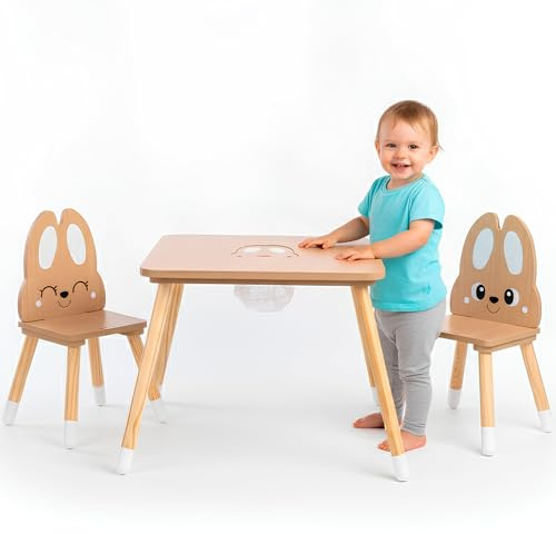 Mamabrum Kindertisch mit Aufbewahrung – Holzset mit 2 Stühlen mit Hasenohren – 67x67 cm – Kreatives Lernmöbel ab 3 Jahren