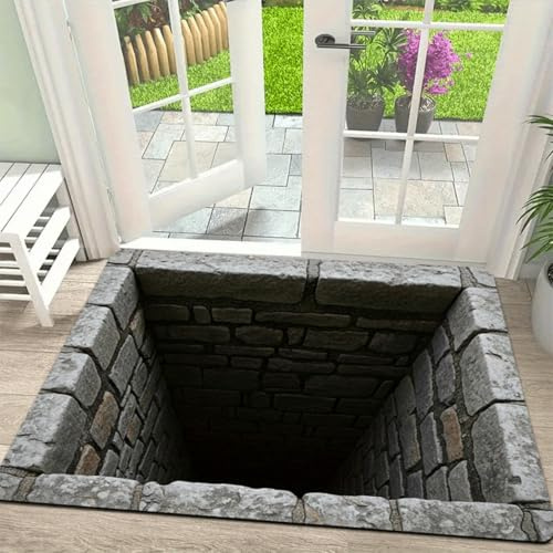 flowereyes 3D Teppich Optische Täuschung Loch Im Boden, Loch Teppich 3D Moosiger Steinbrunnenloch Optische Täuschung Fussmatten Wasserdicht für Wohnzimmer Eingang