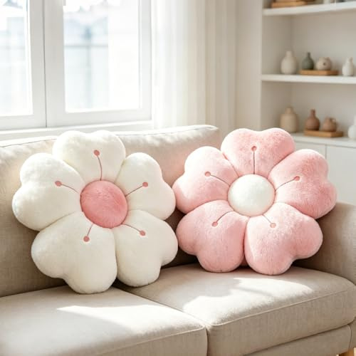 KUWUNG 2 Stück Blumenkissen, 35cm Blume Bodenkissen, Weich Blumen Kissen, Kissen Blumenform Tatami Sitzkissen Niedliches Gänseblümchen Kissen für Zimmer Schlafzimmer Sofa Stuhl Car Home (Weiß + Rosa)