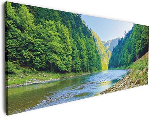 Wallario XXXL Riesen- Leinwandbild Fluss in den Bergen an steinigem Ufer - Wandbild 80 x 200 cm Brillante lichtechte Farben, hochauflösend, verzugsfrei, Kunstdruck