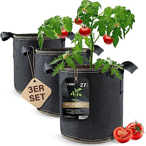 lohag® Premium Vliesstoff-Pflanzsack - 27 Liter, 3er Pack | Perfekt für Kräuter, Blumen, Gemüse & Zimmerpflanzen | Robuste, Wiederverwendbare Pflanzbeutel - Die Gesunde Alternative zum Blumentopf