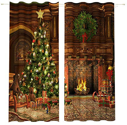 Lemare Weihnachtsvorhänge Digitaldruck | Kamin & Weihnachtsdeko | Weihnachtsbaum mit Stern | Christbaum mit Weihnachtsschmuck | Weihnachtsvorhang Blickdicht | 2 STK. 145x260 cm