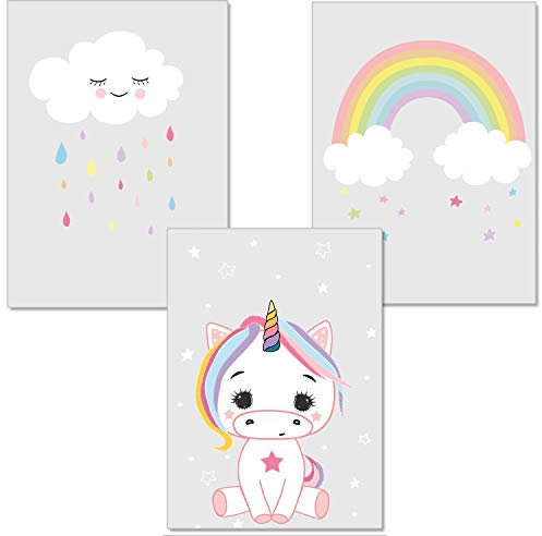 artpin® 3er-Set Einhorn Bilder Kinderzimmer - Regenbogen Wolke Kuscheltier Deko Babyzimmer - Für Mädchen P7