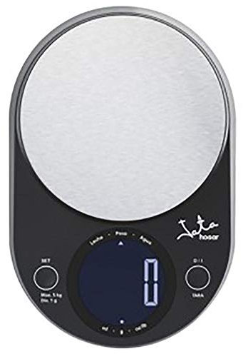 Jata 721 - Báscula de Cocina Digital, Alta resistencia, Alta precisión, Hasta 5 kg, Pantalla LCD, Gran Visor, Función tara, Acero Inoxidable, Medidas: 14,5 x 22 x 3,7 cm