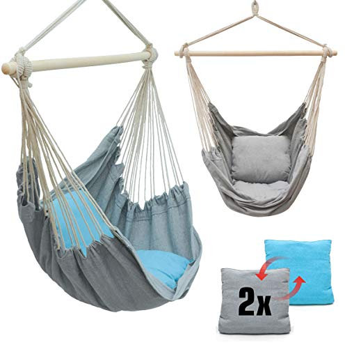 AMANKA Mit 2 Kissen zum Wenden - Balkon Hängesessel Grau Blau - Outdoor Hängeschaukel für Garten