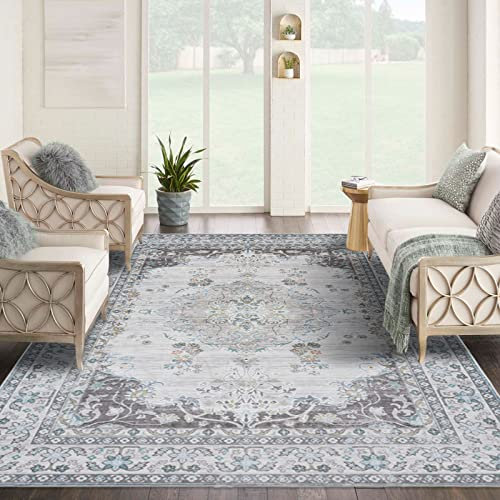 TALETA Mila Teppich Wohnzimmer, Blumenteppich Kurzflor,Wasserabweisender Orientalischer Küchenteppich für Vorzimmer, Esszimmer, Schlafzimmer, Arbeitszimmer, Büro, Grau 160x230cm