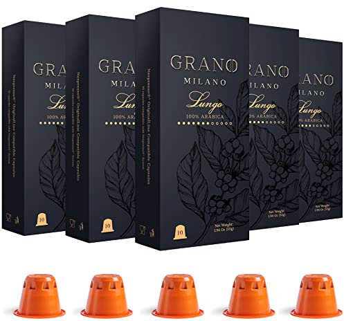 Grano Milano Lungo Coffee Capsules - 50 Pods Compatible with Nespresso Original line, 100% Arabica Medium Roast - Intensity 7/12, Espresso Coffee Capsules Made in Italy