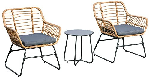 Outsunny Ensemble Bistro de Jardin 2 Places 3 pièces Style Exotique 2 fauteuils + Table Basse résine tressée Beige Acier époxy Gris