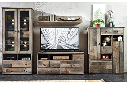 Lomadox Vintage Wohnwand Industrial Design Driftwood Standvitrine mit LED-Beleuchtung, B/H/T ca. 342/188/52 cm