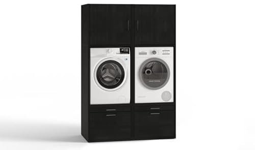 WASCHTURM • 2X Waschmaschinenschrank & Schrankaufsatz (61 cm hoch) • Mit Schublade & Ausziehbrett • TÜV-Zertifiziert • Eiche-Optik