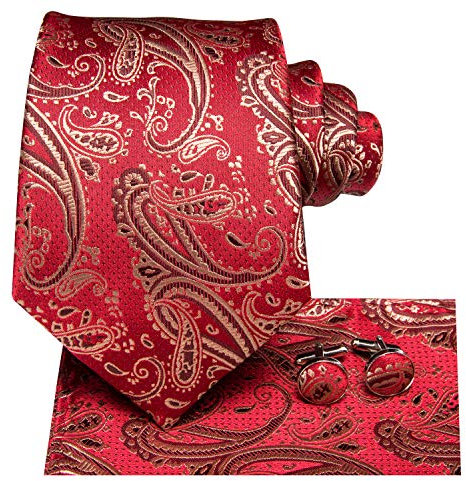 Hi-Tie Herren Krawatte Schwarz Paisley/Plaid/Streifen/Einfarbig Krawatten Set Einstecktuch Manschettenknöpfe Business Formal Hochzeit Meeting Geschenkbox,rotgoldenes Paisley