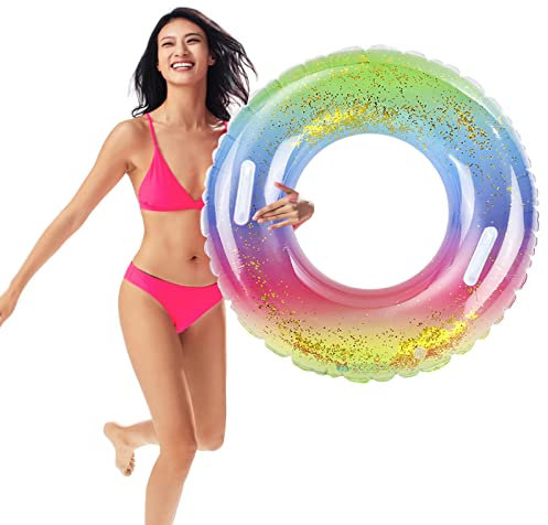 Schwimmring Mit Griff Schwimmreifen Regenbogen Pailletten Erwachsene Runden Schwimmring Schwimmringrohr für Poolassistenzschwimmen Sommerpoolparty Badering Ca. 80 cm