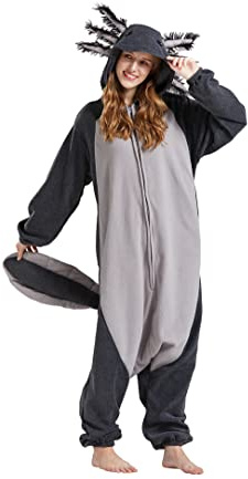 ULEEMARK Unisex Animal Onesies Novelty Pyjamas Nightwear Halloween Homewear Onepiece Cosplay Costume Loungewear S-Black-axolotl