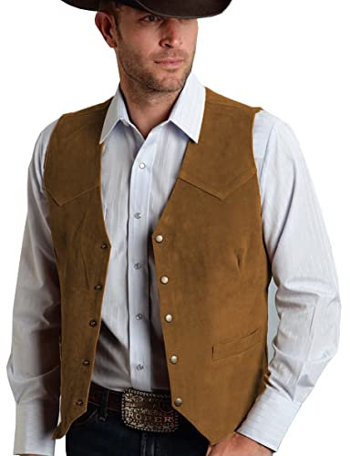 Tuikayoo Herren Wildleder Anzug Weste Jahrgang Western Cowboy Weste Normale Passform(XL, Braun)