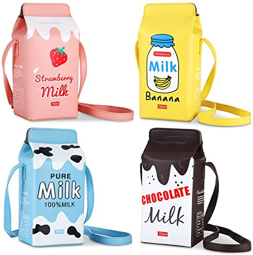 4 Stück Mädchen Erdbeere Milch Geldbörse Choco Banane Erdbeere Milchbox Crossbody Geldbörse Tasche Kleine Geldbörsen PU Telefon Schulter Geldbörse Tasche für Frauen Mädchen Geschenk, Braun, Blau.