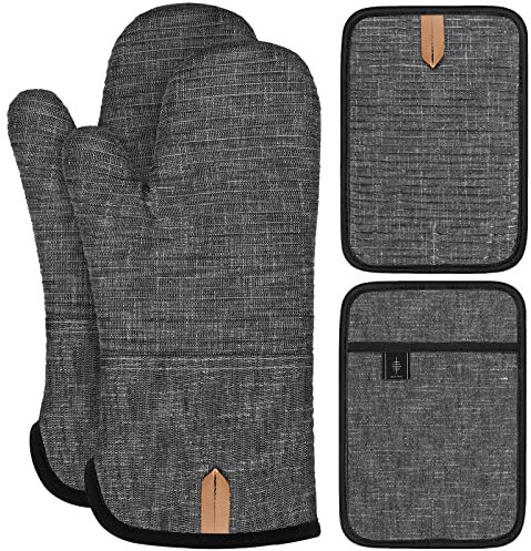 BONTHEE Topflappen Set Ofenhandschuhe Extra Lang Topfhandschuhe mit Anti-Rutsch Silikon Gestreift kochhandschuhe für Kochen Backen - 4er Set - Grau