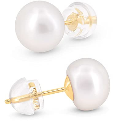 KEZEF Perlenohrringe 585 Gold | Echte Süßwasserperlen Ohrstecker Damen | Perlen Weiß | 14K Gold Stecker | Hypoallergen | Verschiedene Größen
