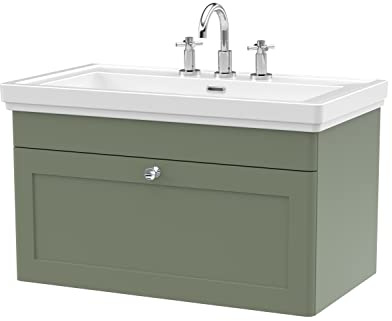 nuie CLC896B Classique Traditional Bathroom Wall Hung 1 Drawer Vanity Basin Unit with 3 Tap Hole Fireclay Basin, 800mm, Satin Green