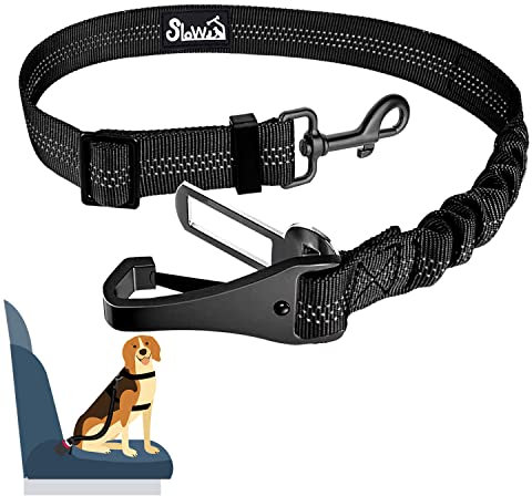 Eyein Dog Seat Belt, 2 in 1 Attachment Dog Car Harnesses Belt, Hook Latch Bar & Seatbelt Buckle with Anti Shock Elastic Nylon Bungee Buffer, Pet Safety Belts for Vehicle(Black,90cm)