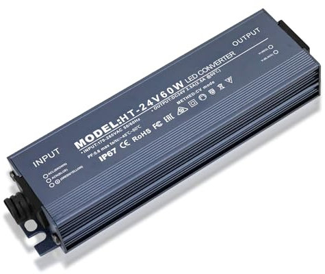 Trasformatore LED 24V 60W, Alimentatore 24v 2.5A, 60W Trasformatore 220V 24v, Driver LED AC a DC, Impermeabile IP67, Senza Sfarfallio, Nessun rumore, per G4, GU5.3, MR11, MR16, Non dimmerabile