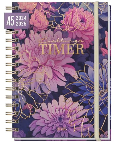 Häfft® Lieblings-Timer Kalender 2024/2025 A5 Purple Bloom Juli 24 bis Dez 25 - Hardcover Terminplaner, Spiralkalender, Terminkalender, Wochenplaner, Ringbuch Planner - nachhaltig & klimafreundlich