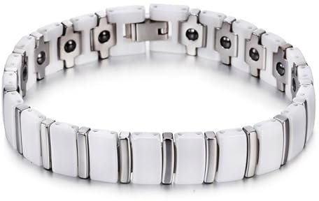 Armband Herren Kette, Armbänder Herren Edelstahl Schwarzes Magnetisches Keramikarmband Breit 11mm Lang 21cm Silber Weiss