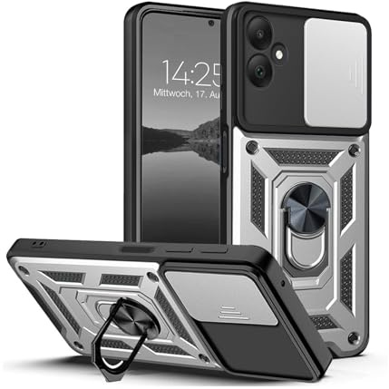 LBH Armor Hülle für Samsung Galaxy A05 Case mit Kameraschutz Outdoor Stoßfest Handyhülle 360 Grad Metal Ring Halter Ständer Schutzhülle für Handyhalterung Auto Magnet Silber