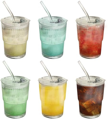 AYYDS Vaso de 400 ml con tapa y pajita, 6 vasos de cristal para batidos, taza de café, taza de café helado, vaso de cristal para zumo, café, agua, té