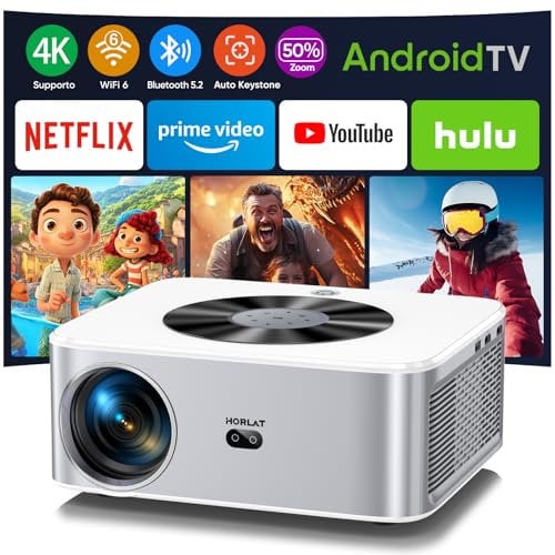 Proiettore portatile【Auto Keystone & Android TV】Horlat WiFi 6 Bluetooth Porjector Supporto 4K, 28000 Lumen Full HD 1080P Videoproiettore, Zoom 50%, Proiettore Home Cinema per TV Stick/smartphone