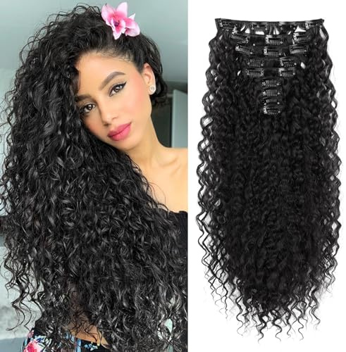 FLUFYMOOZ 9PCS Clip in Hair Extensions 22 Inch Curly Hair Extension Long Soft Synthetic Hairpieces for Women (Black)