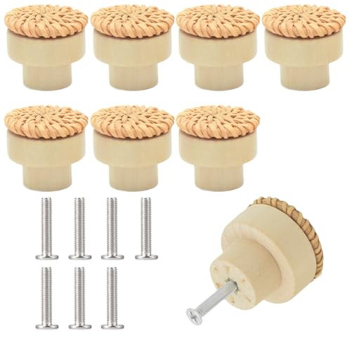 Zasvec Boutons de Meuble en Rotin 8 Pièces - Poignées Rondes en Bois pour Armoire, Tiroir, Porte - Brun