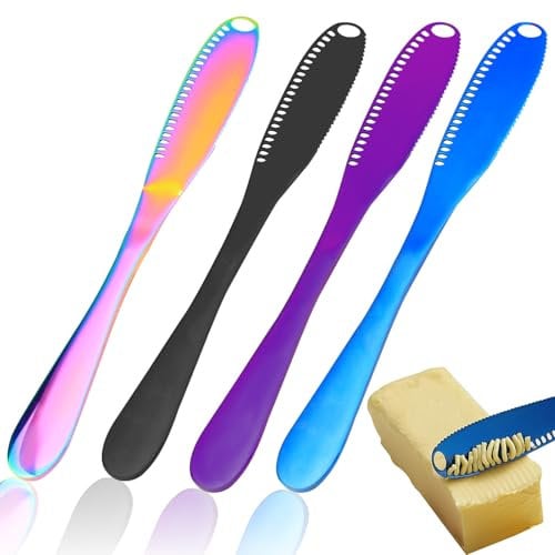 Modixun 4 Colors Stainless Steel Butter Knife Spreader, 3 in 1 Butter Spreader, Butter Knives for Butter Cutter Grater, Butter Slicer Curler with Holes and Serrated Edge