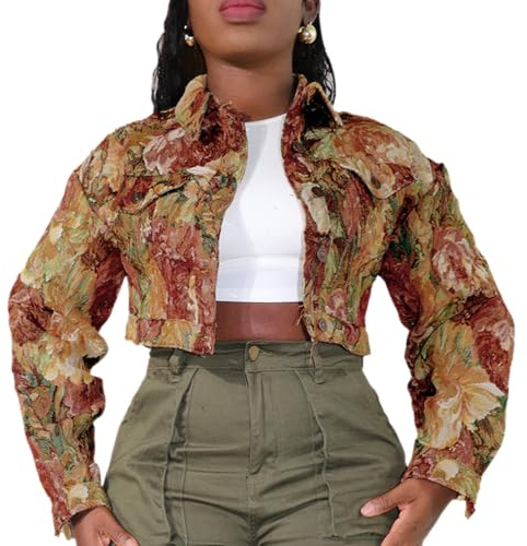 RISCUYY Cropped Jacket Women Bomber Short Jacket Y2K Jacquard Crop Floral Jackets for Women Trendy