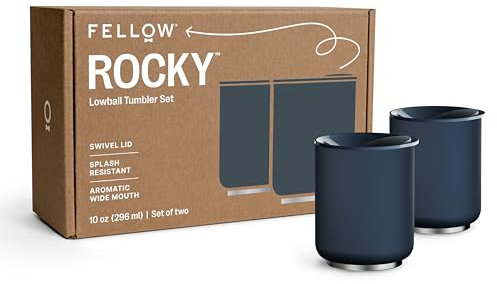 Fellow Rocky Lowball Tumbler 2er-Set – Isolierte Cocktailbecher aus Edelstahl mit Keramik-Innenseite und drehbarem Kieseldeckel – 284 ml, Steinblau