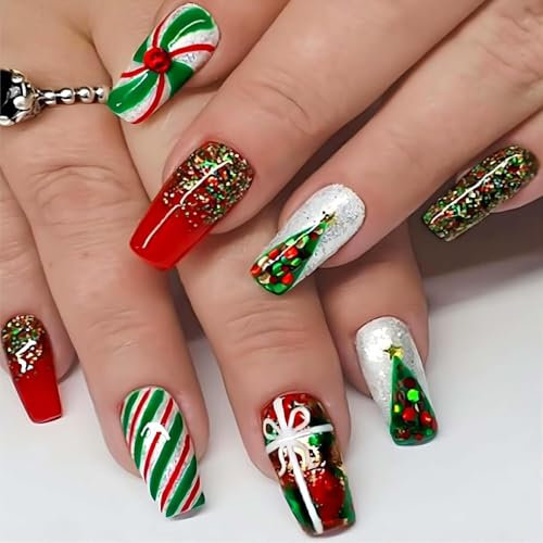 DMQ Christmas Long Press On Nails, 24Pcs Red Green Glitter Coffin Fake Tips With Xmas Tree, French Christmas Nail Art With Glue Stick for Women Girls