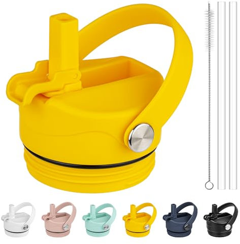 Diumepo Replacement Lid for Yeti Rambler Water Bottle, Straw Lid with Flexible Handle for Yeti Rambler 12/18/26/36/64oz Bottle, Leakproof, BPA Free(Yellow)