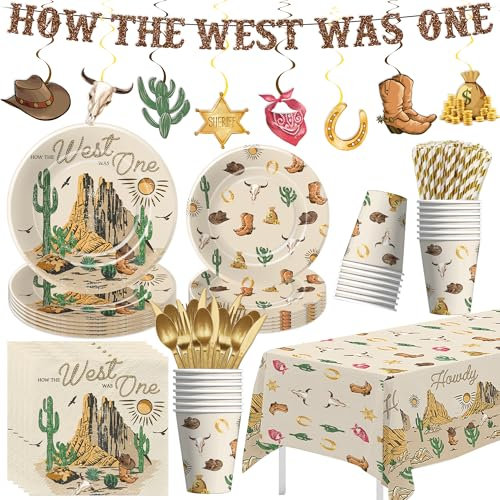 Owelleny Western Cowboy 1st Birthday Decorations, How The West Was One Year Old Party Decorations, Plate, Napkin, Cup, Tablecloth, Banner, Swirls, Wild West First Rodeo Birthday Supplies, Serves 24