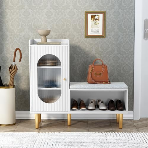 HOLTICO Shoe Storage Bench with Seat, Glass Door Storage Cabinet, Modern L-Shaped Shoe Rack White Cabinet for Hallway, Entryway, Bedroom, Living Room