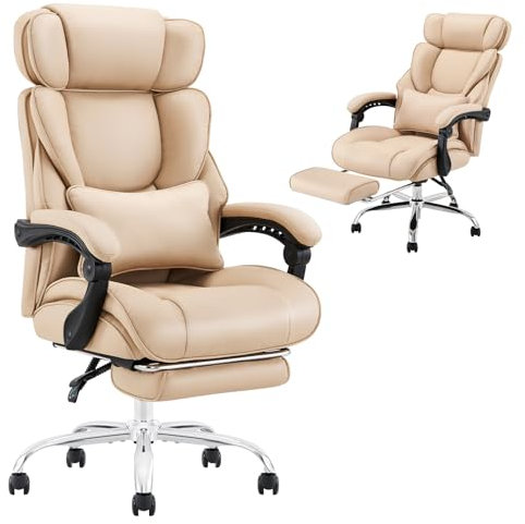 COLAMY Executive Office Chair with Footrest - Ergonomic High Back Design, Thick Bonded Leather Computer Chair with Removable Lumbar Pillow, Recliner Gaming chair for Home Office Work Comfort (Khaki)