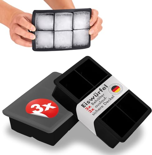 Blumtal Eiswürfelformen Silikon 3er Set - 6er Eiswürfelform mit Deckel - BPA-freie Silikon Eiswürfelform groß - Ice Cube Tray lebensmittelecht - Ice Tray - Schwarz