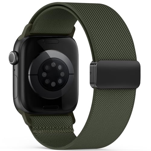 Yoohoo Elastic Nylon Strap for Apple Watch Straps 38mm 40mm 41mm 42mm 44mm 45mm 46mm 49mm Women Men,Strong Magnetic Clasp Stretchy Bands for iWatch Series 11 10 9 8 7 6 5 4 3 2 1 Ultra SE,Army Green