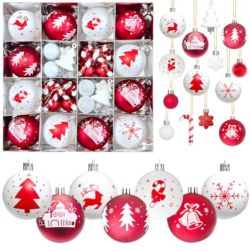 46 Stück Weihnachtskugeln Kunststoff, Christbaumkugeln Weihnachtsbaumkugeln Set, Personalisierte Weihnachtskugeln Weiß & Rot, Weihnachtsbaumschmuck Kugeln, Weihnachtsdeko Home Decoration
