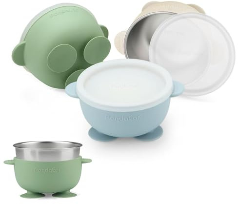 PandaEar 3er Edelstahl Baby Schüsseln mit Saugnapf und Deckel– Breischale für Babybrei & Porridge, Rutschfeste Babyschüsseln mit Silikonhülle, Unzerbrechlich BPA-frei, Kinderschüssel ab 6 Monaten