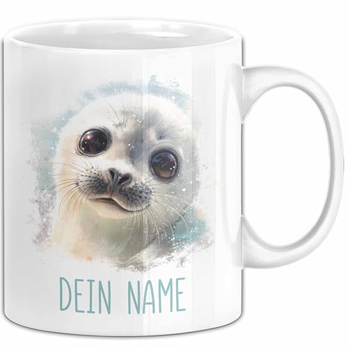 Robben Tasse mit Namen – Personalisierte Kaffeebecher Geschenkidee süßes Tiermotiv Namenstasse (Weiß)