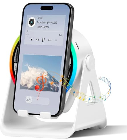 Cawinii Wireless Induction Bluetooth Speaker, 4-in-1 with 360° Rotating Phone Holder and RGB Ambient Light, High-Definition Surround Stereo Sound with Phone Stand (White)