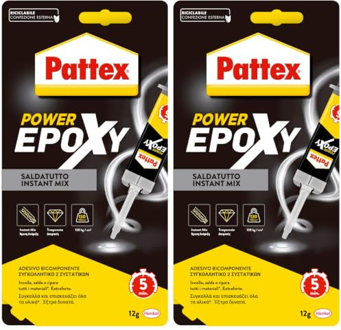 Pattex Power Epoxy Saldatutto Mix 5 minuti, forte colla epossidica bicomponente a elevata tenuta finale, colla multiuso adatta per quasi ogni materiale, 1x12g (Confezione da 2)