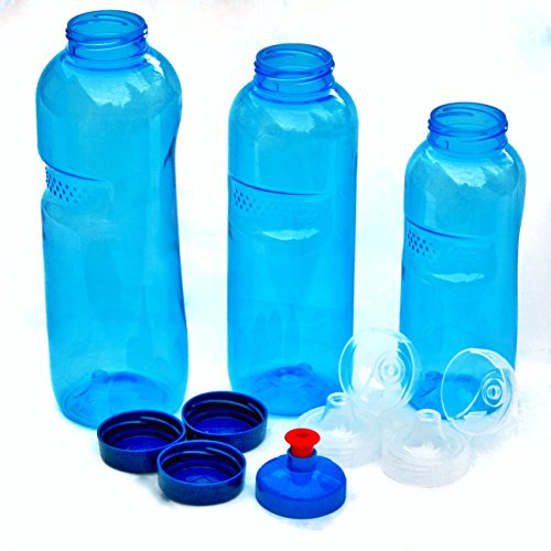 3 x Original TRITAN Trinkflaschen ohne Weichmacher BPA frei Set:1x1 Liter (rund), 1x 0,75 Liter (rund), 1x0,5 Liter (rund) + 3 Standarddeckel + 2 Sportdeckel (FlipTop) + 1 Trinkdeckel (Push PULL)