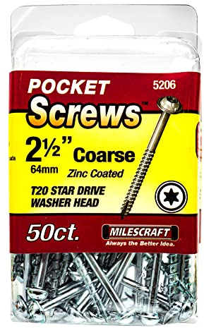 Milescraft 5206 Wood Pocket Hole Screws - #7 x 2-1/2 Washer Head with Coarse Thread (50c.), Torx Drive Self-Tapping, For Indoor Use